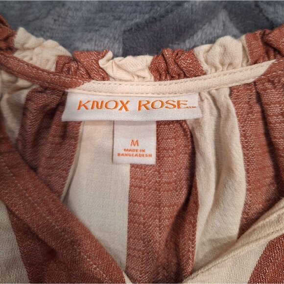 NWOT Knox Rose Rust & Cream Striped Cotton Blouse With Puff Sleeves & Tie Neck/S - Picture 7 of 7